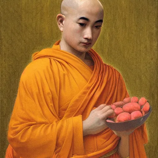 Prompt: a detailed painting of a mango dressed as a buddhist monk by Godward