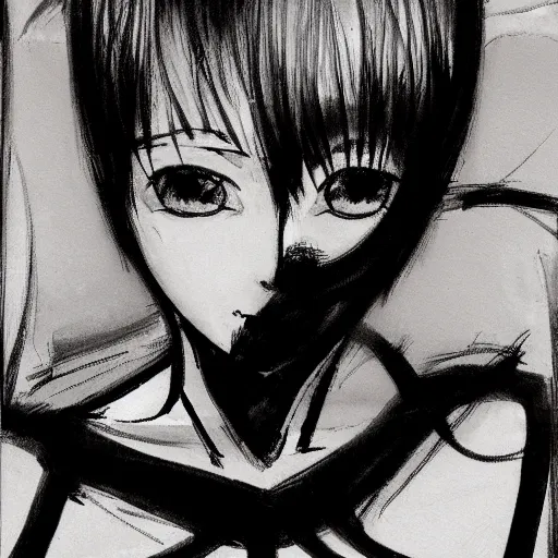 Image similar to Renaissance oil portrait of a manga style girl with short white hair and black eyes in the style of Yoshitaka Amano, abstract black and white background, large film grain, expressive brush strokes