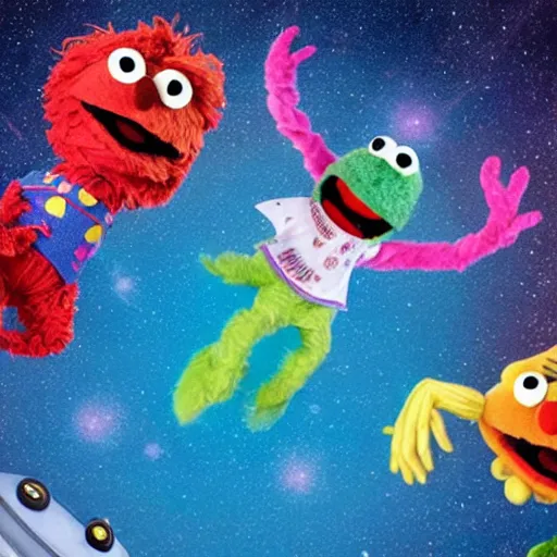 Prompt: yipyip aliens sesame street flying a ufo through space