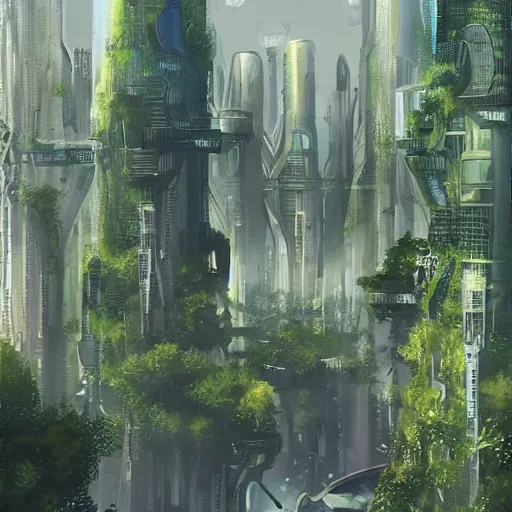 Image similar to Beautiful overgrown futuristic sci-fi city in harmony with nature. Nice colour scheme, soft warm colour. Beautiful detailed watercolor by Lurid. (2022)