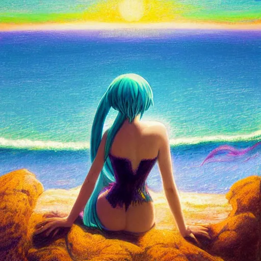 Image similar to Beautiful abstract impressionist painting of Hatsune Miku on a cliff looking calmly at the sea, hatsune miku official artwork, danbooru, oil painting by William Blake, wide strokes, pastel colors, soft lighting sold at an auction