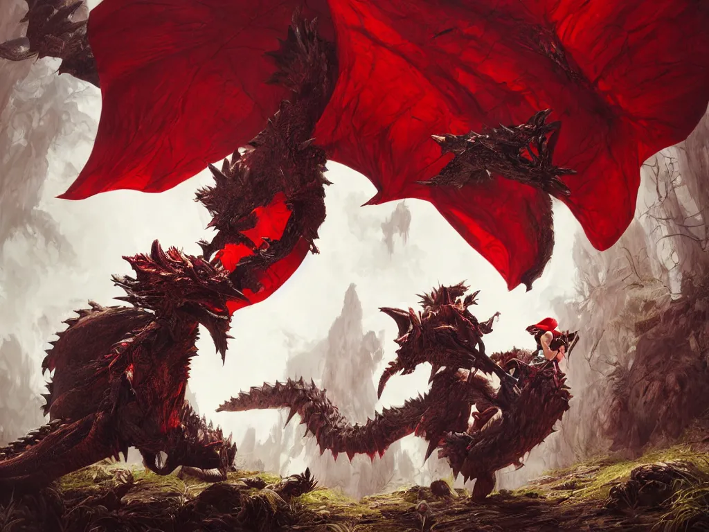 Prompt: Drunk mad monster hunter in red riding hood. Photorealistic, lifelike, Unreal Engine, sharp, detailed, 8K, by Gerald Brom, Dan Mumford, Stephan Martiniere