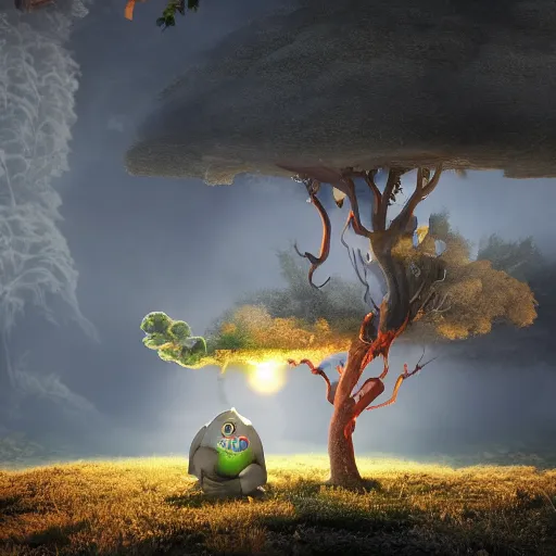 Prompt: a splornfeld enborkenmeyer forkeling the gnork - gnork under a fumfum tree high contrast cinematic light, mystical shadows, sharp focus, divine realm of gods, octane render, artist by doctor seuss