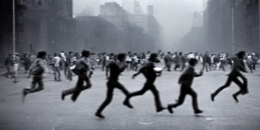 Prompt: street photography, revolution, street, city, blurred people running from tanks, closeup, film photography, 1 9 8 0 s, exposed b & w photography, robert capa photography, henri cartier - bresson photography