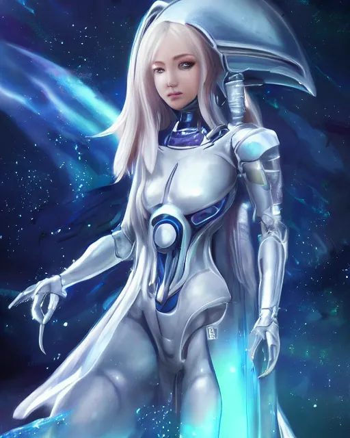 Image similar to perfect android girl family, full body character design, warframe armor, beautiful face, scifi, futuristic, galaxy, nebula, bae suzy, dreamy, long white hair!!!, blue cyborg eyes, sharp focus, cinematic lighting, highly detailed, artstation, divine, by gauthier leblanc, kazuya takahashi, huifeng huang