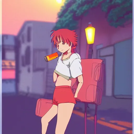 Image similar to anime girl in dimly light golden gai smoking a cigarette during sunset, studio ghibli, 8 0 s anime, in the style of kimagure orange road, nostalgic, artstation, 8 k