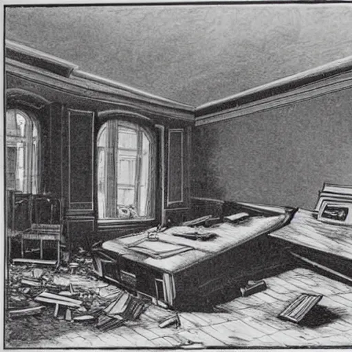 Image similar to The illustration shows a scene of total destruction. A room has been completely wrecked, with furniture overturned, belongings strewn about, and debris everywhere. The only thing left intact is a single photograph on the wall. This photograph is the only evidence of what the room once looked like. It shows a tidy, well-appointed space, with everything in its place. The contrast between the two images is stark, and it is clear that the destruction was complete and absolute. midnight blue by Qian Xuan ecstatic, a e s t h e t i c