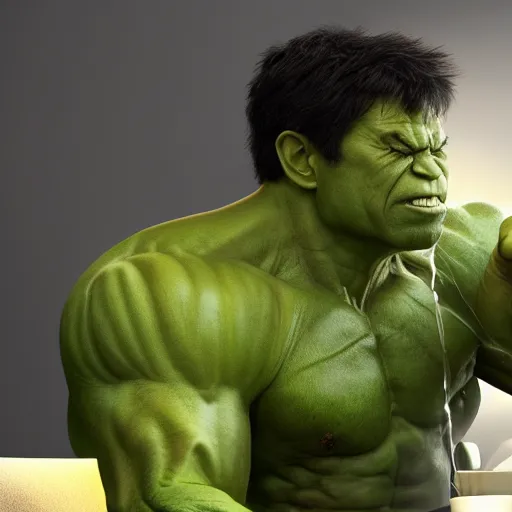 Image similar to A high definition photo of the incredible hulk drinking a cup of coffee on a couch in his living room, hyperdetailed, artstation, digital art, photorealism, accurate, 8k,
