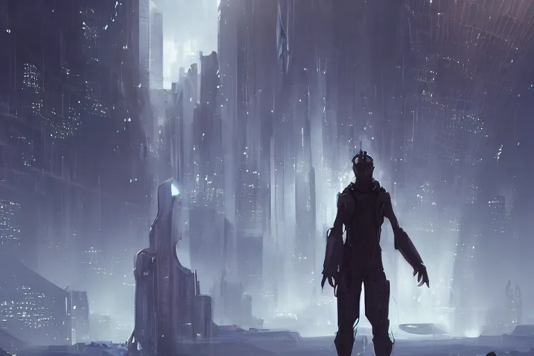 Prompt: a creepy cultist standing in a futuristic city by jessica rossier,