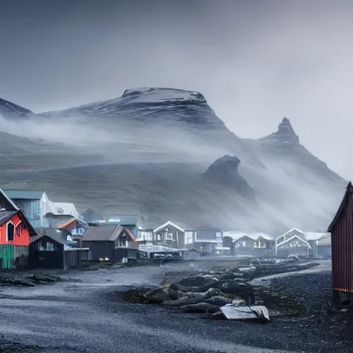 Prompt: icelandic fishing village with rustic architecture. cyberpunk style. apocalyptic style. photo. photorealistic. nebulous. fog.