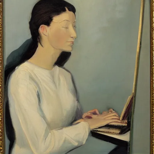 Image similar to 2 0 th century painting of a woman gazing contemplatively at a computer