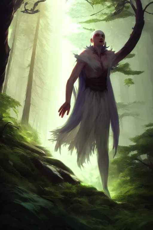 Image similar to a human elemental sorcerer, forest setting, colorful magic, male, white skin, young, sharp focus, concept art, dynamic lighting, unreal engine, character design by emylie boivin, environment by greg rutkowski