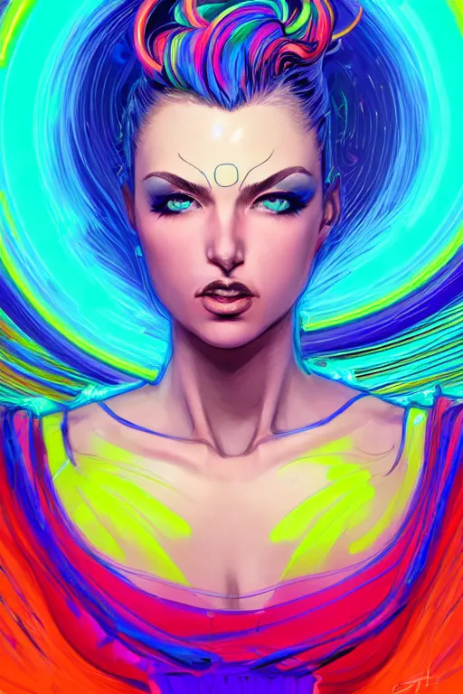 Image similar to a award winning portrait of a beautiful woman with stunning eyes in a one off shoulder croptop and cargo pants with rainbow colored hair, outlined by whirling illuminated neon lines and fine lines swirling in circles by jesper ejsing, digital art, trending on artstation