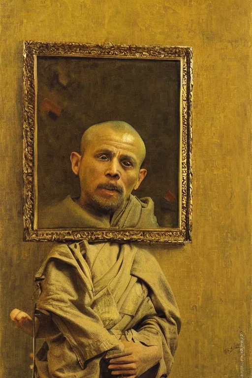 Image similar to robot monk painting a self - portrait on a canvas. intricate, highly detailed, photorealistic, film still, by ilya repin.