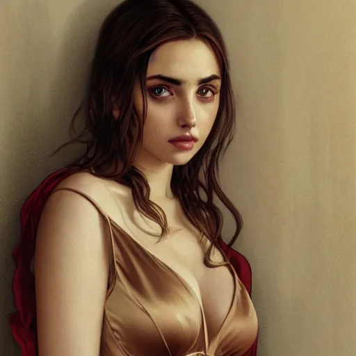 Prompt: ana de armas with silk robe with decollete and bra | | big eyes, realistic shaded, pleasant face, fine details, realistic shaded lighting poster by greg rutkowski, artgerm, kyoto animation and alphonse mucha