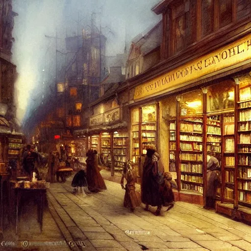 Prompt: jean-Baptiste Monge and Solomon Joseph Solomon and Richard Schmid and Jeremy Lipking victorian genre painting painting of an english 19th century english bookshop store front on a stone city streat with shops and stores at night with cozy lights