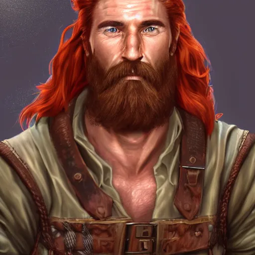 Image similar to portrait of a ruggedly handsome!!!!! male ship captain with long red hair!!!!!!, 30 years old, upper body, wavey hair, muscular, friendly, playful, D&D, hairworks, Unreal 4, fantasy, elegant, highly detailed, digital painting, hairworks, deviantart, artstation, concept art, sharp focus, dramatic lighting, illustration, art by Artgerm and Greg Rutkowski and Alphonse Mucha