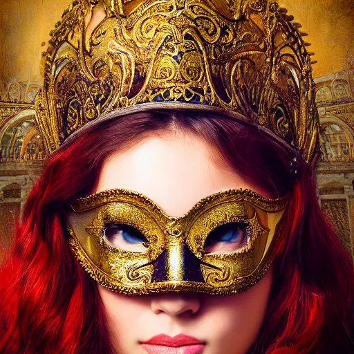 Prompt: hyper realistic portrait of a beautiful girl in a venetian mask. against the backdrop of venice