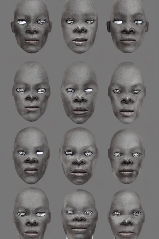 Image similar to african facial anatomy with gunmetal grey skin, medical anatomy, very symmetrical face, highly detailed, three - perspective / three - view reference sheet ( front / back / side ), in the style of dan ouellette, steven jung, amanda lilleston, hr giger, sil from species, dren from splice, mecha, artstation, unreal engine