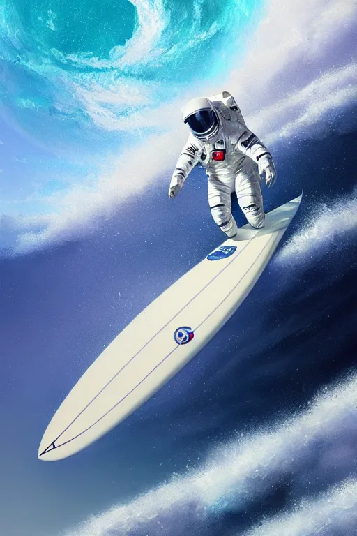 Image similar to a beautiful digital painting of an astronaut in a white space suit surfing the great wave on a surfboard by greg rutkowski, photorealistic, trending on artstation, highly detailed, intricate, unreal engine, octane render