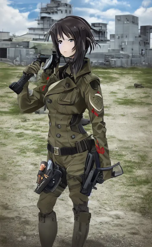 Image similar to portrait of a female soldier, highly detailed, high resolution, military camp in the background, anime figure style, stunning, girls frontline style, bokeh soft, 3d rendering, guilty gear strive graphics, 100mm, award winning photography, by professional photographer, realistic human anatomy, realistic military carrier, modern warfare, realistic weapon, shot with a arriflex 35 ii, low saturation, small eyes