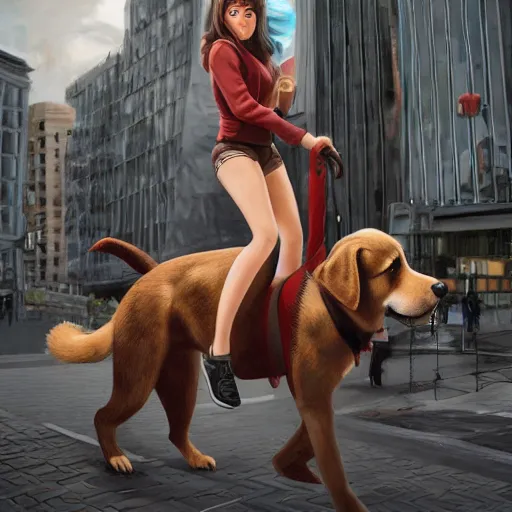 Image similar to girl riding a giant dog in the city, trending on artstation