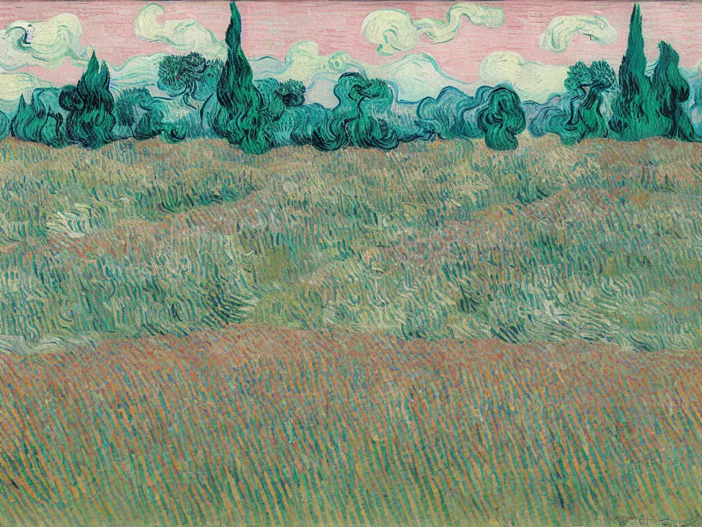 Prompt: pink and teal wheat field with cypresses, by van gogh and tim burton