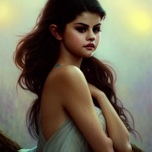 Image similar to beautiful portrait of selena gomez, natural beauty expressive pose, fantasy, intricate, elegant, highly detailed, digital painting, artstation, concept art, smooth, sharp focus, illustration, art by artgerm and greg rutkowski and alphonse mucha, cinematic soft lighting, fashion glamour photography