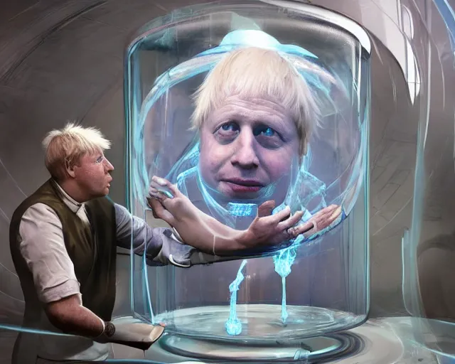 Image similar to boris johnson being created in a giant science labroalratory suspended in a floating gel tank, character art, by various concept artists, redshift render, hyperrealistic face, photorealistic render