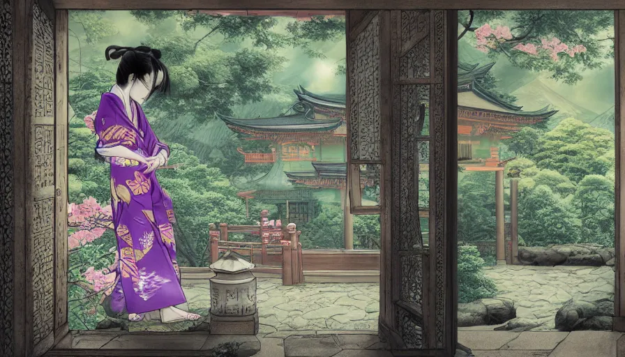 Image similar to zeenchin style digital painting of a beautiful girl in japan, looking out a window at a temple garden filled with yokai and spirits, deviant artist, zeen, uhd, high detail,