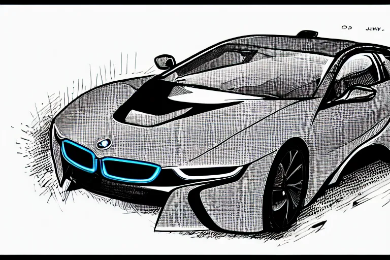 Prompt: bmw i 8, a page from cyberpunk 2 0 2 0, style of paolo parente, style of mike jackson, adam smasher, johnny silverhand, 1 9 9 0 s comic book style, white background, ink drawing, black and white
