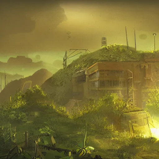 Prompt: post-apocalyptic solarpunk landscape, 4k, in the style of Valve, overgrown, rundown