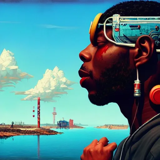 Image similar to side profile of a black man :: blood :: background sea :: intricate details :: futuristic oxygen mask :: 8k :: simon stalenhag and Sandra Chevrier