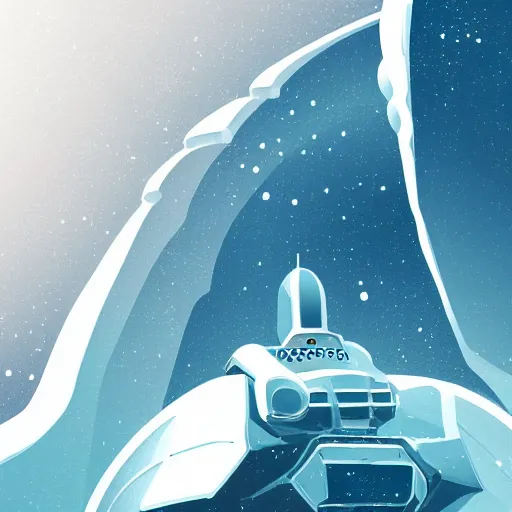 Image similar to very detailed spaceship on an ice planet, gradient background, retro science fiction vintage art