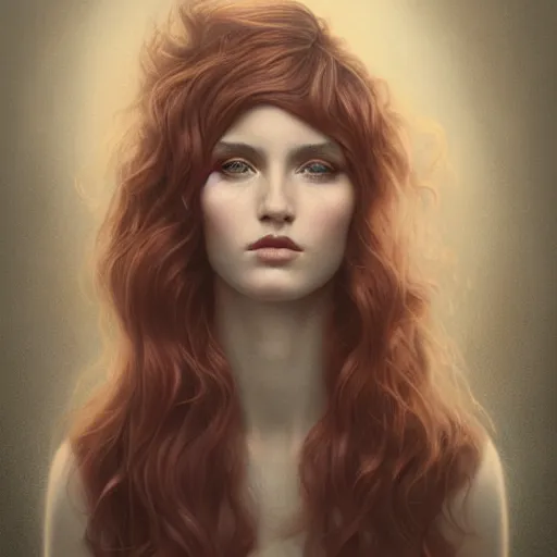 Image similar to tom bagshaw portrait, very beautiful artist in a full dress and long thin lustrous auburn hair, professionally retouched, focus eyes, ultra realistic soft painting, insanely detailed linework, symmetrical accurate intricate features, behance, 8 k