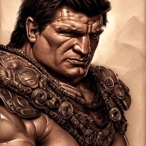 Prompt: portrait of a barbarian Nathan Fillion, muscular, wild, upper body, D&D, fantasy, intricate, cinematic lighting, highly detailed, digital painting, artstation, concept art, smooth, sharp focus, illustration, art by Hajime Sorayama