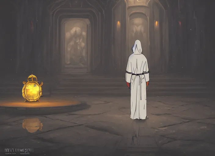 Image similar to a creepy white robed being kneeling in front of a giant golden god in the darkness, ghibli style, artstation