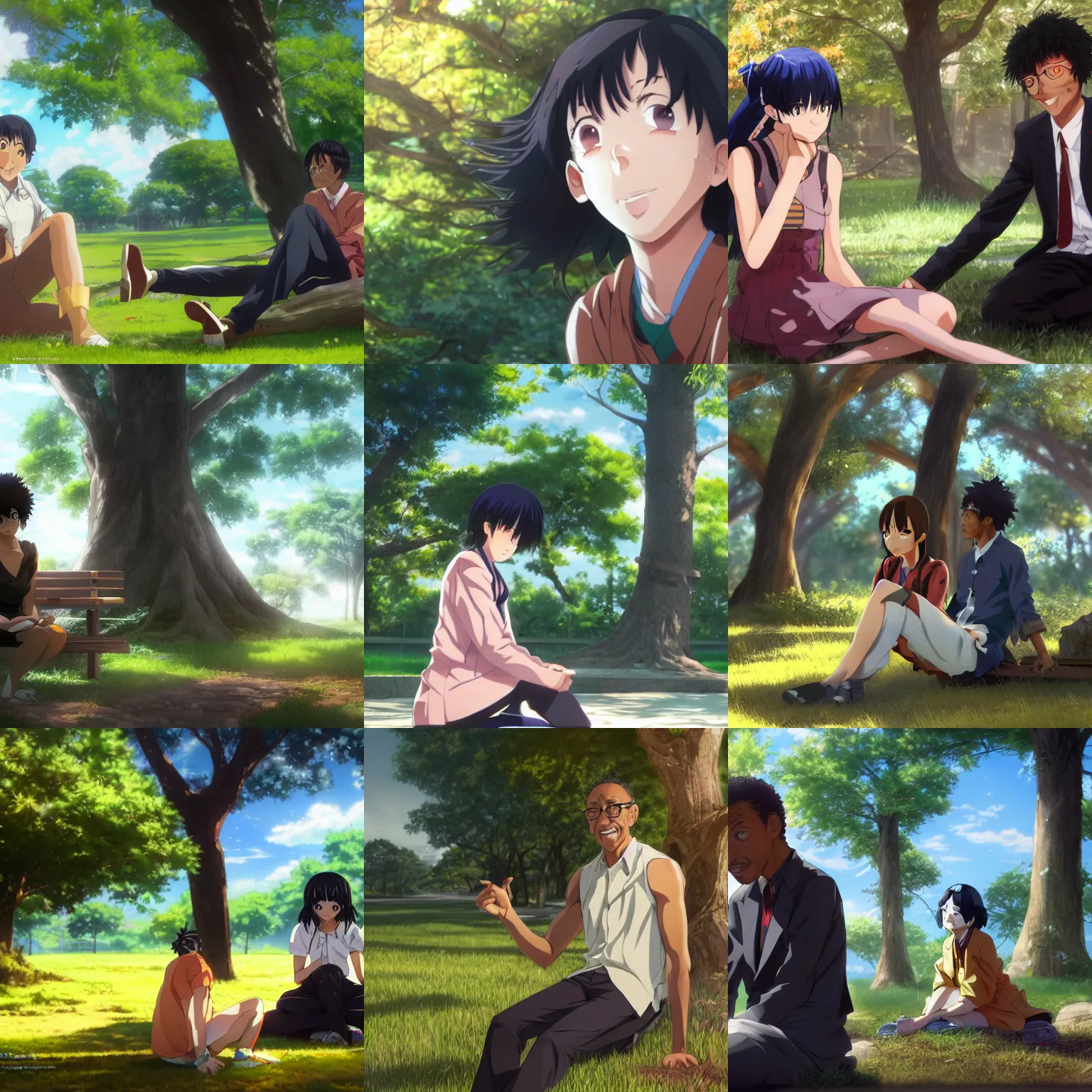 Prompt: photorealistic giancarlo esposito meets a beautiful smiling anime girl with black hair and hime cut sitting under a tree, anime key visual, digital art, anime screenshot, kyoto animation, makoto shinkai, trending on artstation