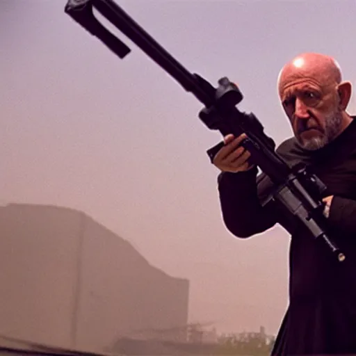 Image similar to Film still of Mike Ehrmantraut aiming with a !!!sniper rifle!!!, 4k, !!highly detailed!!