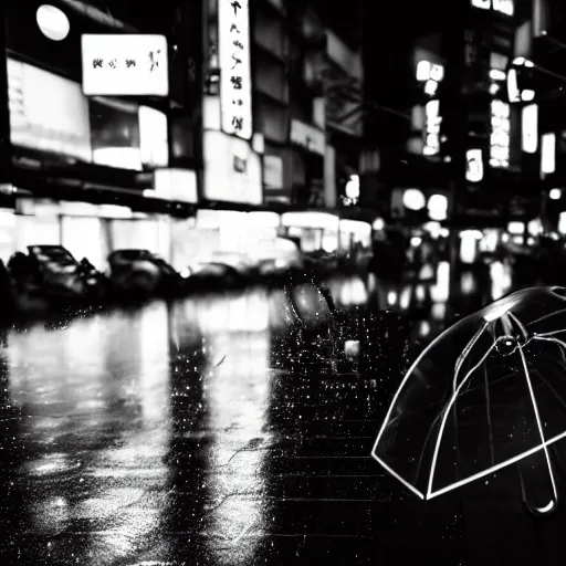 Prompt: moody 2 0 0 mm shot of an umbrella in a rainy tokyo night, neon lights,