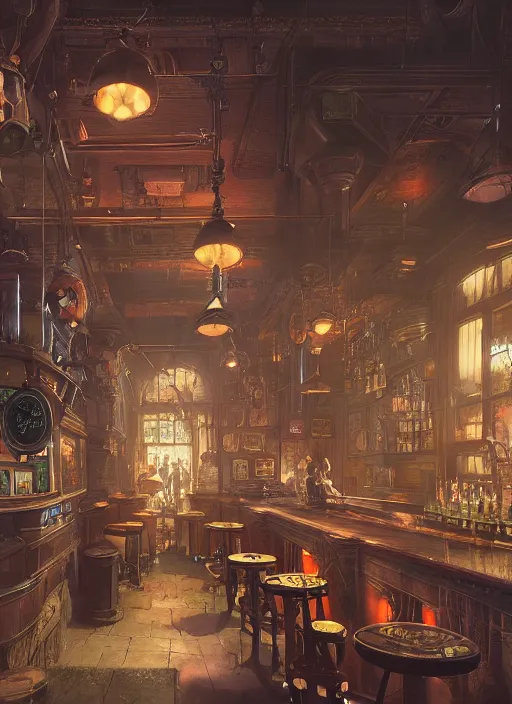 Prompt: a beautiful insanely detailed matte painting of a steampunk pub, sharp, ray tracing, ambient occlusion, octane render, intense colors, by moebius, by greg rutkowski, by rossdraws