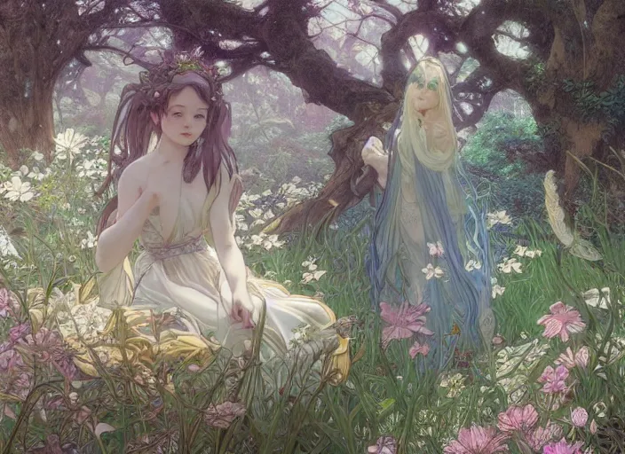 Image similar to desktop background, beautiful fantasy forest, magical creatures, path traced, highly detailed, high quality, digital painting, by studio ghibli and alphonse mucha, leesha hannigan, hidari, art nouveau, chiho aoshima, jules bastien - lepage