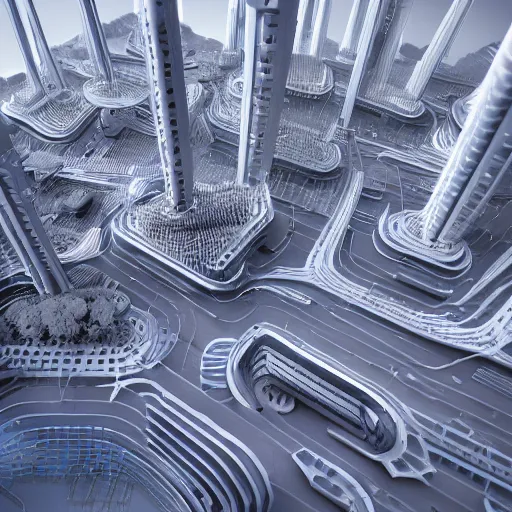Image similar to decentralized city design, futuristic, parametric, algorithmic design, octane render.