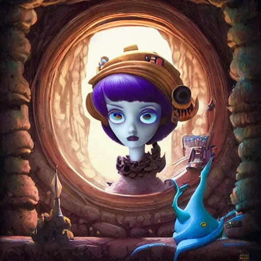 Image similar to Lofi portrait in cavern, Pixar style by Joe Fenton and Stanley Artgerm and Tom Bagshaw and Tim Burton