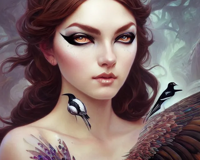 Image similar to eye makeup inspired by a magpie, deep focus, d & d, fantasy, intricate, elegant, highly detailed, digital painting, artstation, concept art, matte, sharp focus, illustration, hearthstone, art by artgerm and greg rutkowski and alphonse mucha