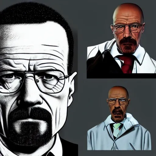 Image similar to walter white next to gustavo fring, in the style of greg rutowski, hyper detailed
