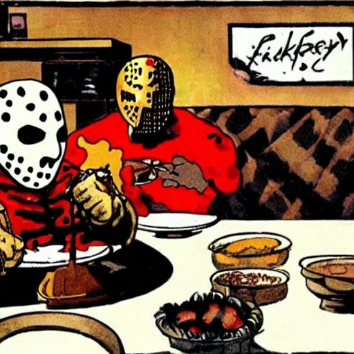 Image similar to Jason voorhees eating pancakes with Freddy Krueger