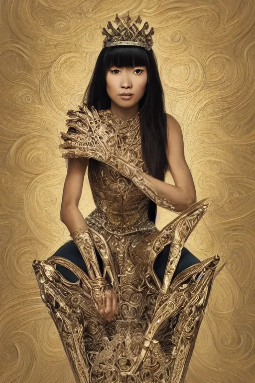 Prompt: portrait of a beautiful young asian woman with shoulder length hair and strong facial bone structure, queen and ruler of the universe, sitting on her throne, young men kneeling at her feet, digital painting, highly detailed, intricate, elegant, hyperrealism, trending on artstation, art by tara phillips