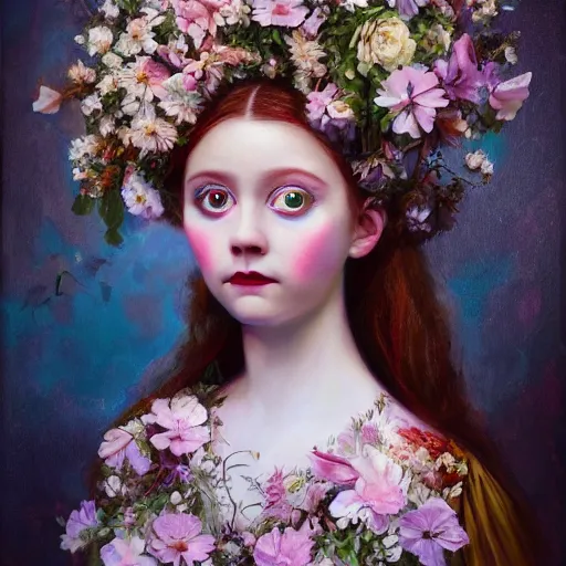 Prompt: a young girl portrait with porcelain face and hazelnut big eyes, dressed in a vintage long dress, blooming mystic flowers in her head, conceptual art, oil fantasy painting, hyperdetailed, dramatic light, 8 k