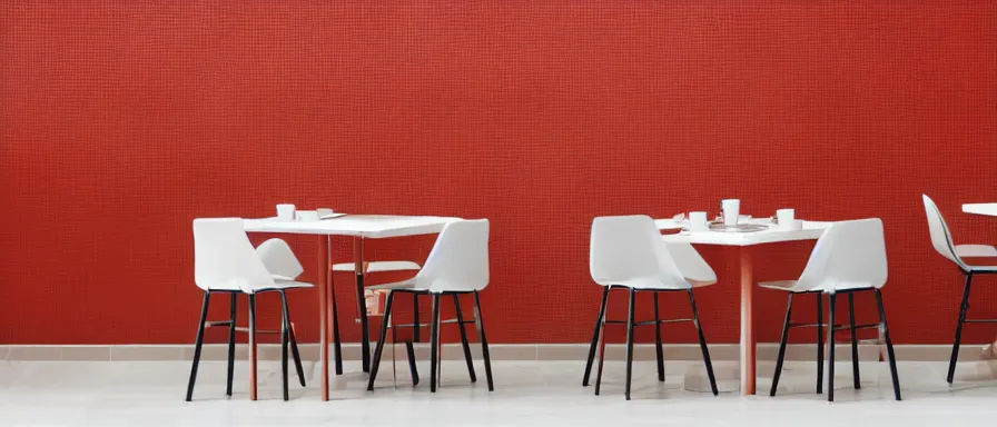 Image similar to a beautiful simple interior render of small roasted string hotpot restaurant restaurant yan'an, wall corner, from china, red paper wall and white tile floor, rectangle white porcelain table, black chair, fine simple delicate structure, chinese style, simple composition, simple style structure decoration design, victo ngai, 4 k hd